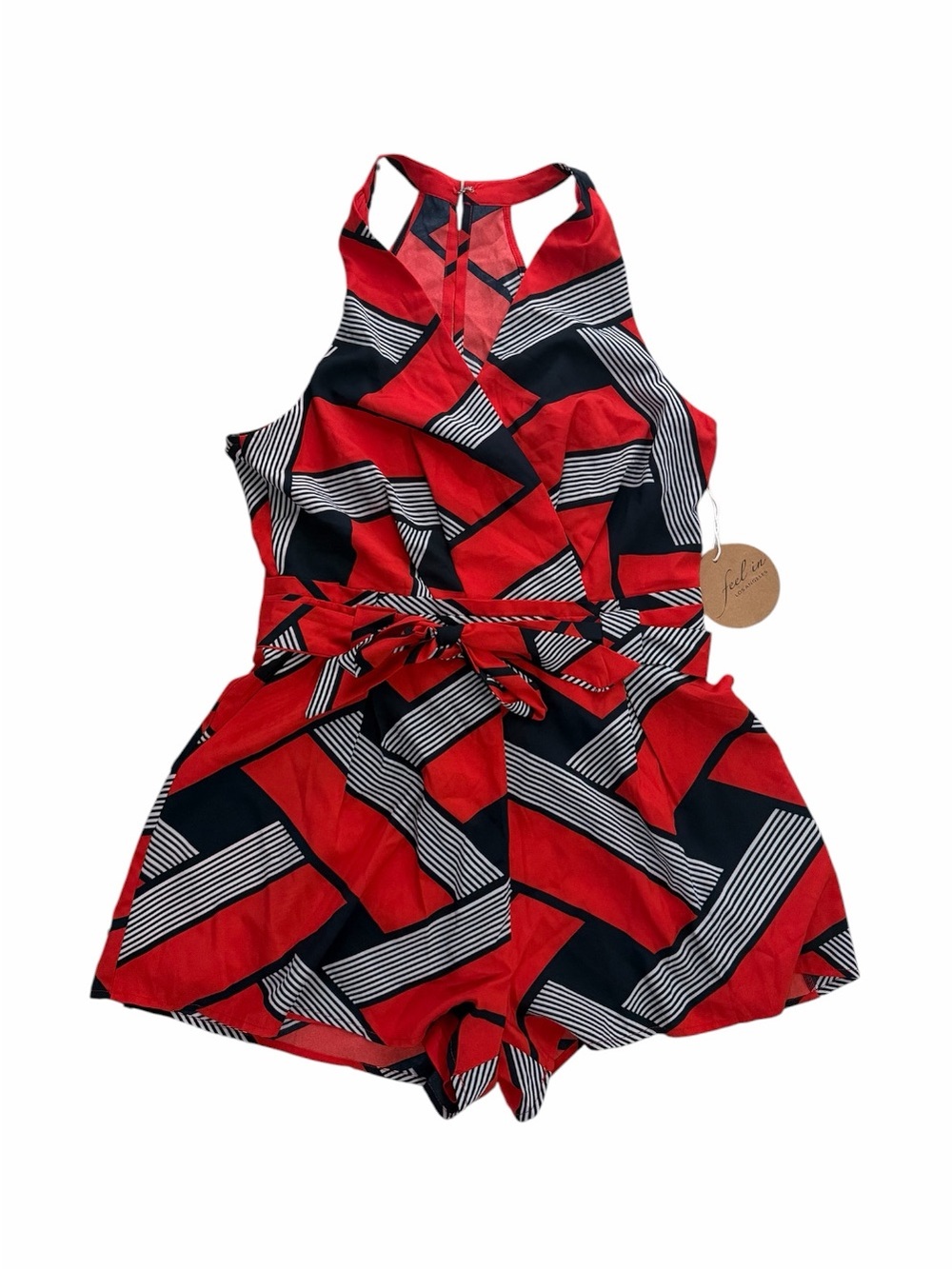 Women's Red Geo-Print Halter Romper with Tie Waist